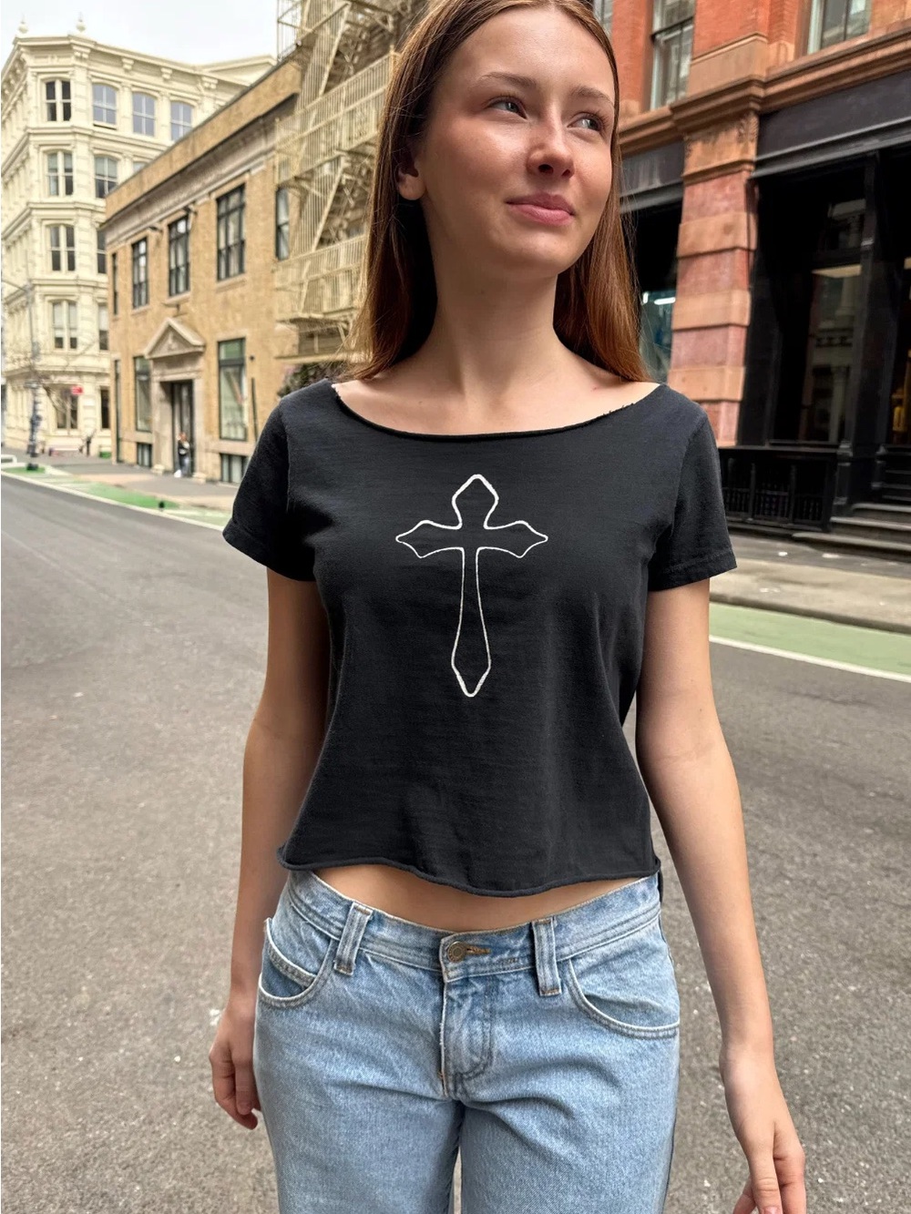 Brandy Melville Black Crop Tee with White Cross Outline